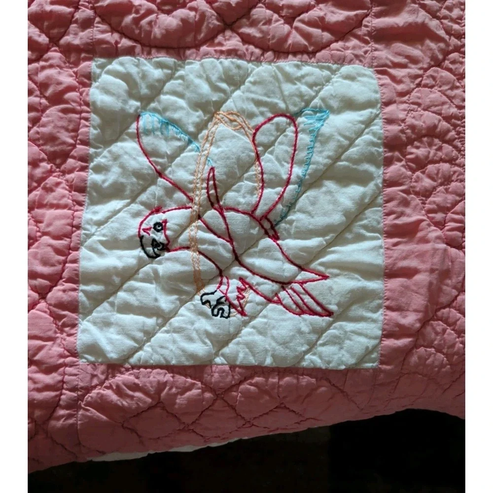 Vintage Handmade Pink & White Embroidered Patchwork Quilt w/Birds & Flowers.